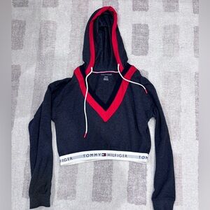 Tommy Hilfiger Blue and Red Cropped V-Neck Sweater